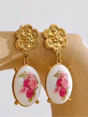 Pink Rose Porcelain Gold Earrings